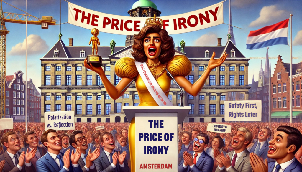 Een ironische cartoonachtige afbeelding toont een vrouwelijke burgemeester met halflang donkerbruin haar en een licht getinte huid, die op een podium op de Dam in Amsterdam een trofee vasthoudt met de tekst 'The Price of Irony.' Achter haar staat het Koninklijk Paleis, terwijl een verdeeld publiek sarcastisch applaudisseert en protestborden omhooghoudt.