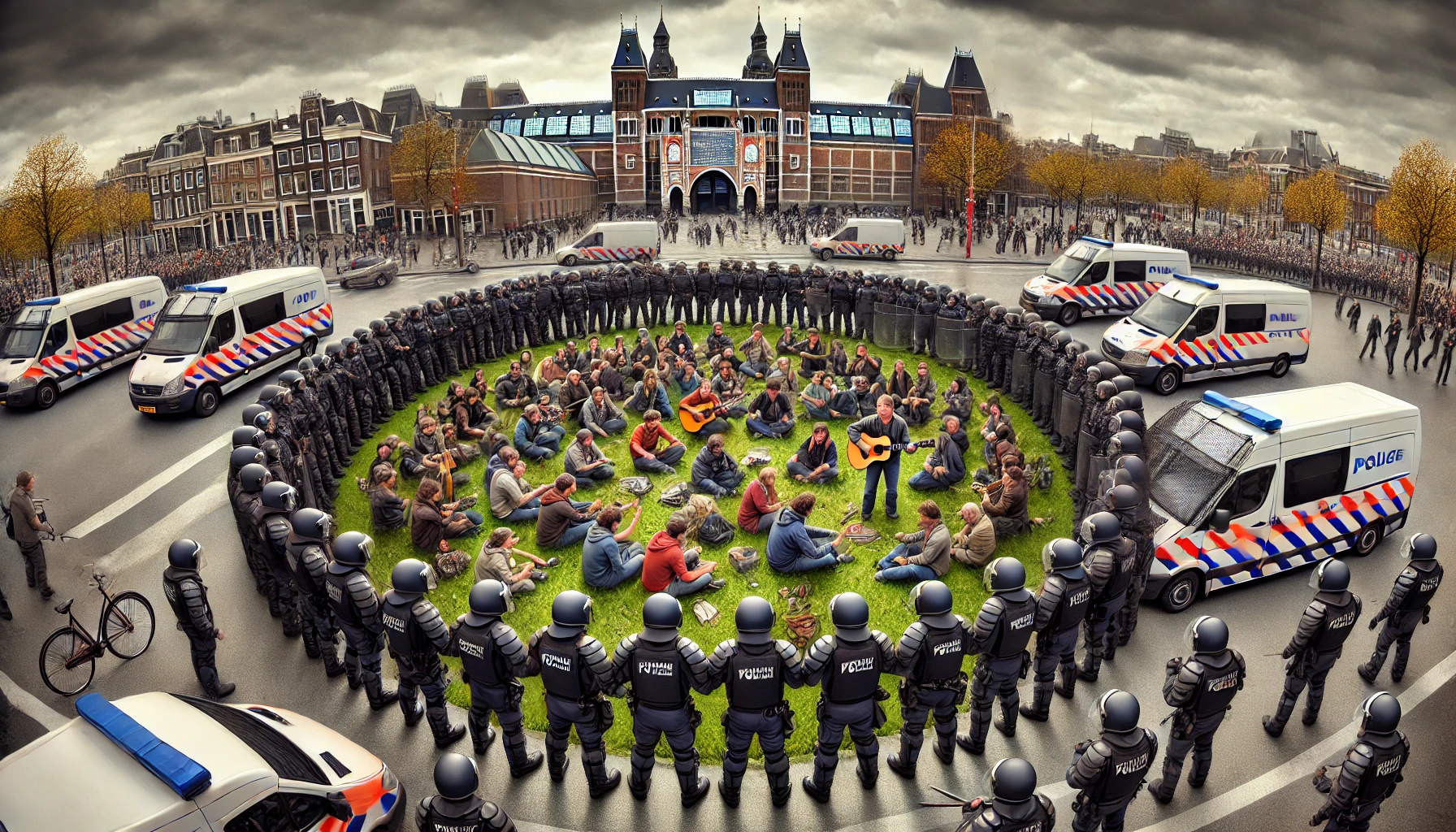 Een dramatische scène op het Museumplein toont een groep demonstranten die arm in arm op het gras zitten en muziek maken, omsingeld door een grote cirkel van zwaar bewapende ME'ers. De ME'ers dragen beschermende uitrusting en slaan met knuppels op hun schilden. Politiebussen rijden om de cirkel heen, terwijl journalisten in de achtergrond de andere kant op kijken onder een grijze, bewolkte lucht.