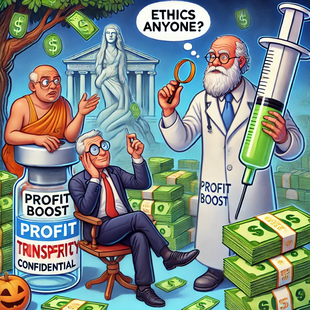 Een humoristische cartoon waarin een corporate executive een gigantische spuit met het label 'Profit Boost' vasthoudt, omringd door geld. Een bezorgde wetenschapper inspecteert een flesje met een vergrootglas, terwijl een 'transparantie-symbool' is afgedekt met een stempel 'confidential.' Op de achtergrond zit een figuur die lijkt op Socrates onder een boom, met een gedachtewolk die zegt: 'Ethics anyone?'
