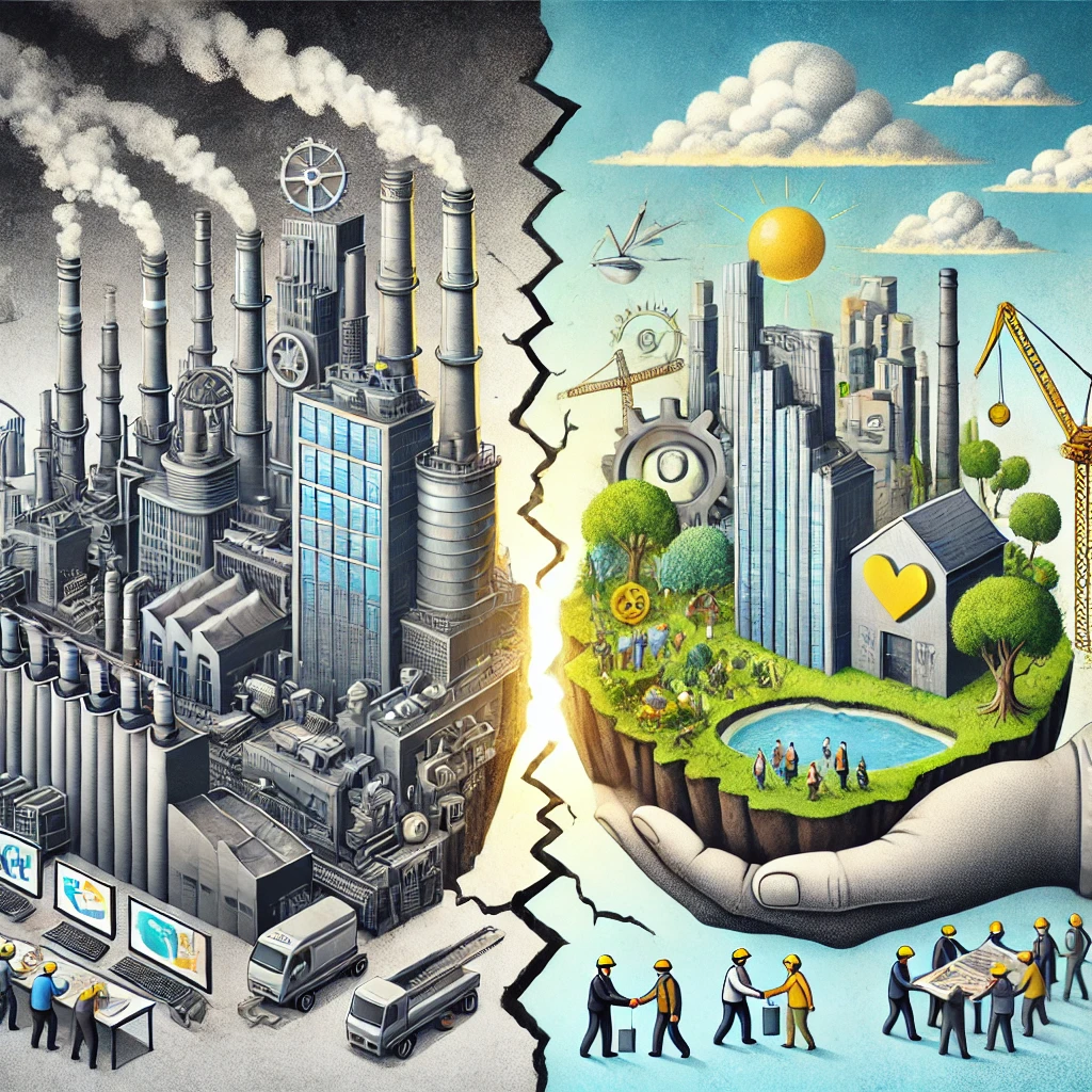 Een imposant multinational met fabrieken en glimmende wolkenkrabbers in grijze en blauwe tinten aan de linkerzijde. Aan de rechterzijde een klein sociaal bedrijf met groene bomen, samenwerkende mensen en warme gele tinten. Daartussen een scheur in de grond die de spanning en machtsongelijkheid symboliseert.