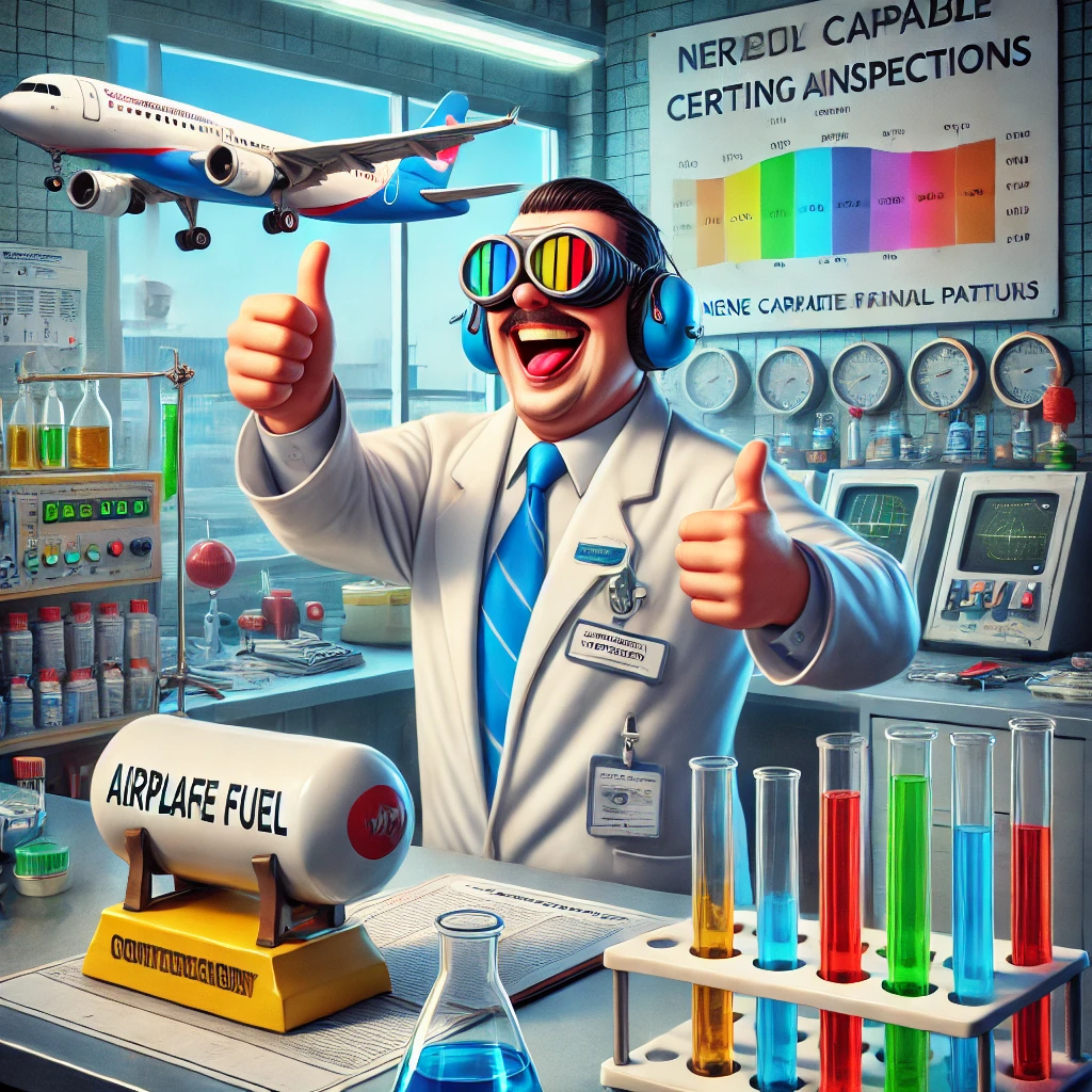 Een kleurrijke en ironische cartoonachtige afbeelding van een laboratorium waar vliegtuigbrandstof wordt geïnspecteerd. De laborant draagt een grote laboratoriumjas en veiligheidsbril met een filter dat bepaalde lichtspectra blokkeert, terwijl hij met een brede glimlach een duim omhoog geeft, ondanks de onvolledige inspectie. Het laboratorium is gevuld met buizen, bekers en grafieken.