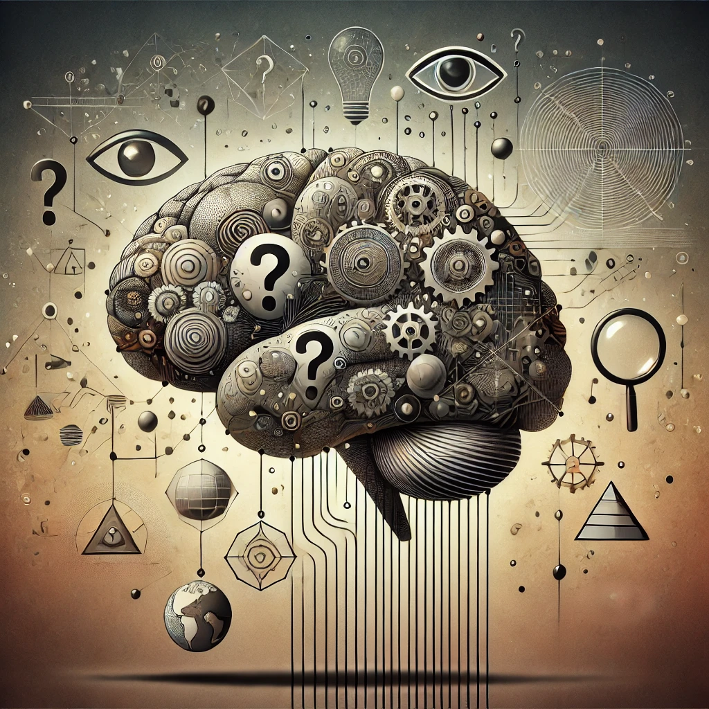 Een abstracte weergave van een menselijk brein, omgeven door symbolen zoals een piramide, een oog en een wereldbol, die complottheorieën representeren. Neurale paden verbinden vraagtekens, tandwielen en vergrootglazen binnen het brein, wat nieuwsgierigheid en onderzoek suggereert. De achtergrond is een zachte mix van warme en koele kleuren, wat een gevoel van intrige en contemplatie oproept.