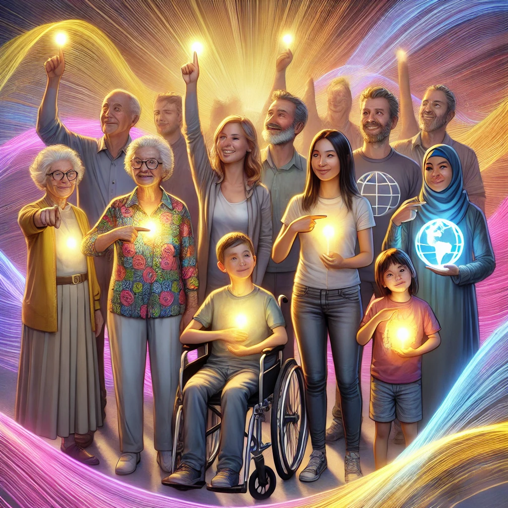 Een diverse groep mensen van verschillende leeftijden, afkomsten en geslachten in een hyperrealistische cartoonstijl. Ze staan zelfverzekerd en wijzen met hun rechterhand naar zichzelf, terwijl ze met hun linkerhand een gloeiend lichtje vasthouden. Het licht straalt warmte en hoop uit, met golven van roze, geel en blauw die vanuit elk lichtje komen en elkaar overlappen. De achtergrond toont abstracte warme golven van licht in roze, geel en blauw, wat een gevoel van verbondenheid en samenwerking symboliseert.