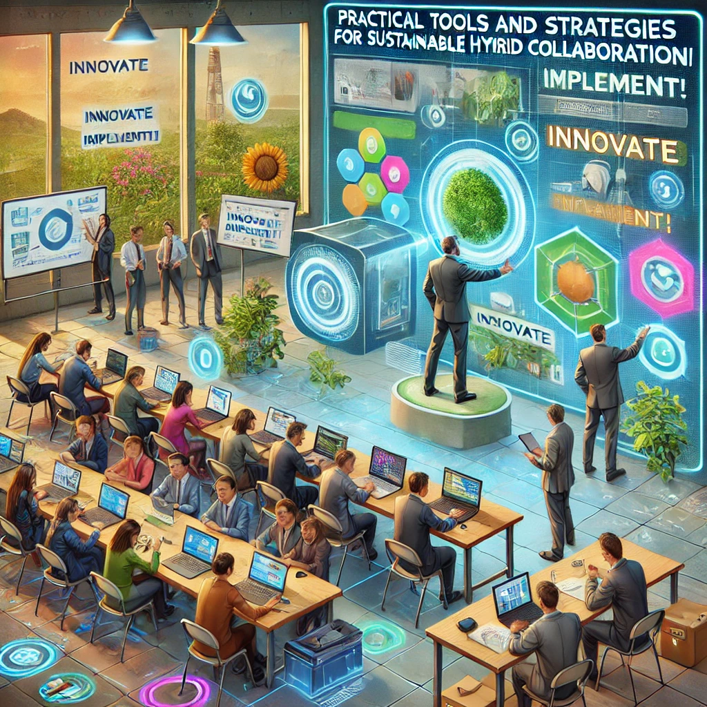 Een kleurrijke cartoonafbeelding van een workshop waarin deelnemers werken aan eigen projecten voor hybride samenwerking. De scène toont holografische displays, laptops, en presentaties van actieplannen.