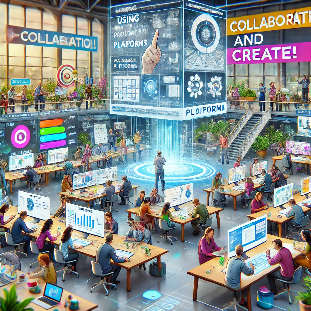 Een kleurrijke cartoonafbeelding van een workshop waarin deelnemers participatieplatforms ontwerpen en simuleren. Teams werken samen aan digitale whiteboards en holografische schermen, terwijl anderen virtueel deelnemen via grote schermen.