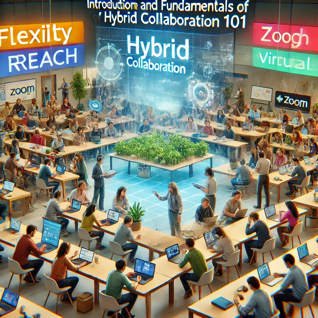 Een levendige cartoonafbeelding van een workshop over de introductie en basisprincipes van hybride samenwerking. Deelnemers oefenen met tools zoals Zoom en Microsoft Teams en bespreken ideeën in kleine groepen.