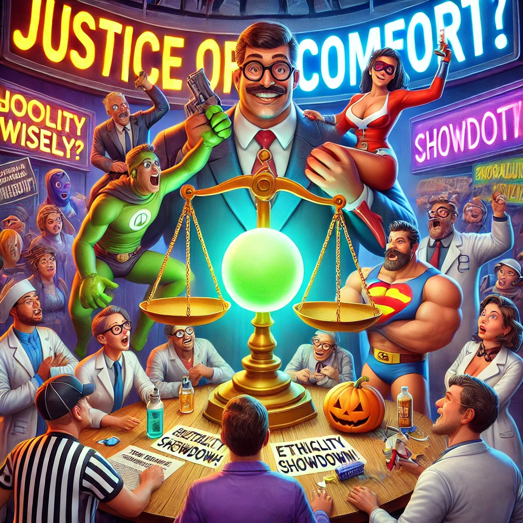 Een kleurrijke cartoonafbeelding van een hilarisch overdreven workshop over ethische rolspellen. Deelnemers gebruiken gigantische rekwisieten zoals een weegschaal met 'Justice or Comfort?', een vergrootglas ter grootte van een auto en gloeiende orbs voor ethische dilemma's.