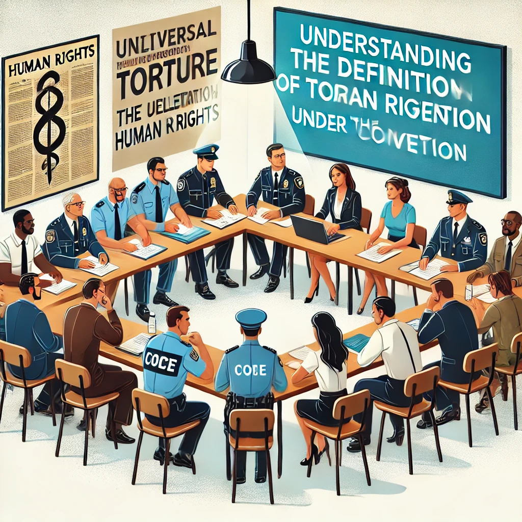 Een workshopruimte waarin diverse deelnemers, waaronder politiefunctionarissen, docenten en gemeenschapsleiders, rond een tafel in gesprek zijn over mensenrechten. Op een scherm staat de tekst: "Understanding the Definition of Torture under the Convention". Aan de muren hangen posters met de Universele Verklaring van de Rechten van de Mens en juridische documenten.