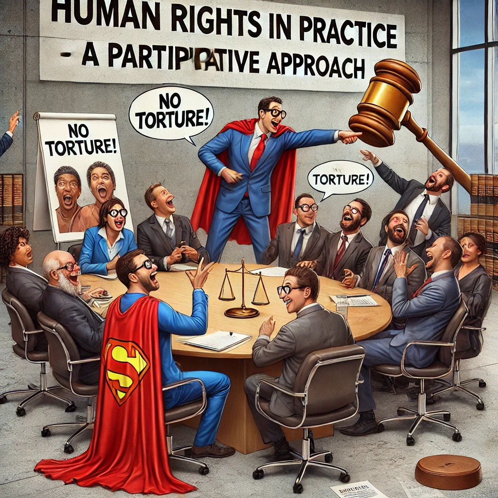 en hyperrealistische cartoonafbeelding van een groep professionals in een formele setting, gekleed in hilarische superheldencapes, terwijl ze samenwerken aan mensenrechtenkwesties rond een conferentietafel. Een persoon wijst dramatisch naar een flip-over met de tekst "No Torture!" terwijl een ander een enorme speelgoedhamer vasthoudt.