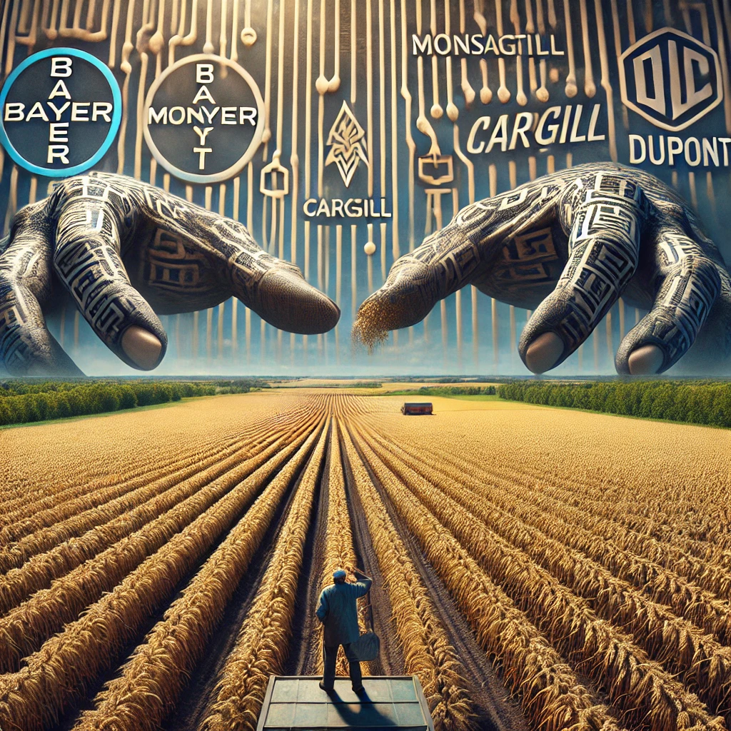 Een uitgestrekt Oekraïens landschap met eindeloze graanvelden, bedekt met logo's en barcodepatronen van multinationale bedrijven zoals Bayer, Monsanto, Cargill en Dupont. Reusachtige handen reiken vanuit de lucht en grijpen de grond vast, terwijl een kleine boer in de voorgrond wanhopig een handvol aarde vasthoudt die door zijn vingers glijdt.