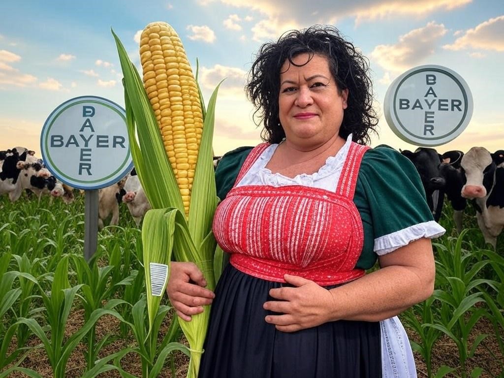 Caroline van der Plas, gekleed als boerin, omringd door grote logo's van Bayer en Monsanto. Ze houdt een gigantische maïskolf met een streepjescode vast, terwijl op de achtergrond een dystopische boerderij te zien is met gloeiende genetisch gemodificeerde gewassen en koeien in pakken met aktetassen met het opschrift 'corporate farming'. Titel: "De ironie van de BBB: Tussen boer en multinational" Beschrijving: Een satirische, hyperrealistische afbeelding van Caroline van der Plas, leider van de BoerBurgerBeweging (BBB). De afbeelding toont haar in een surrealistische setting waarin de vermeende connecties tussen de BBB en multinationals zoals Bayer en Monsanto op de hak worden genomen. De scène bevat elementen zoals een barcode-maïskolf en een dystopische boerderij met genetisch gemodificeerde gewassen en zakenkoeien, die de spanning tussen grassroots-politiek en corporate invloed benadrukken. Bijschrift: "Caroline van der Plas, boerin of pion van multinationals? Een hilarisch-sarcastische blik op de vermeende banden tussen de BBB en de grote agrochemische spelers."