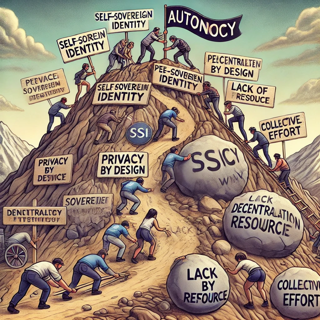 Een prikkelende cartoonstijlillustratie getiteld 'De Uitdagingen op Weg naar Autonomie.' De scène toont een rotsachtig bergpad met het label 'Peer-to-Peer Netwerk,' waar mensen van verschillende achtergronden samenwerken om omhoog te klimmen. Sommigen dragen spandoeken met teksten zoals 'Self-Sovereign Identity (SSI),' 'Privacy by Design,' en 'Decentralisatie,' terwijl anderen grote rotsblokken van het pad duwen met labels zoals 'Banken,' 'Gecentraliseerde Systemen,' en 'Gebrek aan Middelen.' Een figuur aan de top houdt een vlag vast met de tekst 'Collectieve Inspanning.'