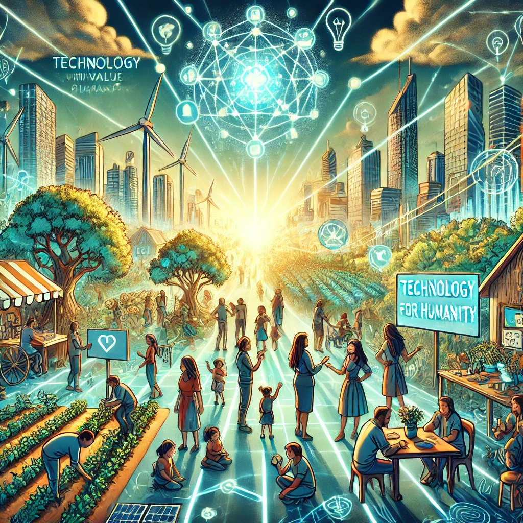 Een visionaire cartoonstijlillustratie getiteld 'Een Waardegedreven Toekomst.' De scène toont een bloeiende gemeenschap die verbonden is door een gloeiend netwerk van lijnen die gedeelde normen en waarden symboliseren. Mensen werken samen aan activiteiten zoals bomen planten, kinderen onderwijzen en ideeën bespreken in een open forum. Boven de gemeenschap is een futuristische stad te zien, waarin natuur en technologie samenkomen met windmolens en zonnepanelen. Een centraal spandoek leest 'Technologie voor de Mensheid,' wat de balans tussen innovatie en menselijke verbinding benadrukt.