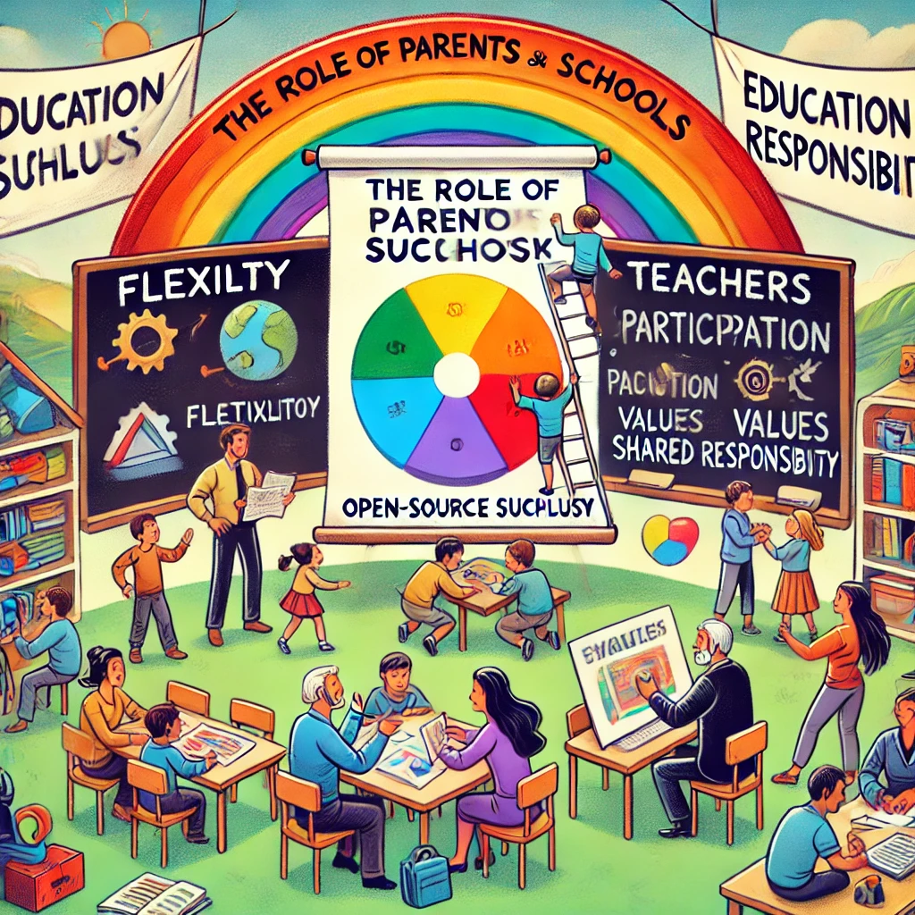 Een levendige cartoonstijlillustratie getiteld 'De Rol van Ouders en Scholen.' De scène toont een dynamisch klaslokaal waar ouders, leraren en kinderen actief samenwerken. Ouders bouwen een 'open-source syllabus' op een gigantisch krijtbord met labels zoals 'Flexibiliteit,' 'Participatie,' en 'Waarden.' Kinderen zijn bezig met creatieve activiteiten zoals tekenen, modellen bouwen en coderen. Leraren leiden discussies met ouders in een kring met het bordje 'Gedeelde Verantwoordelijkheid.' Bovenaan hangt een kleurrijke banner met de tekst 'Onderwijs voor Iedereen.'