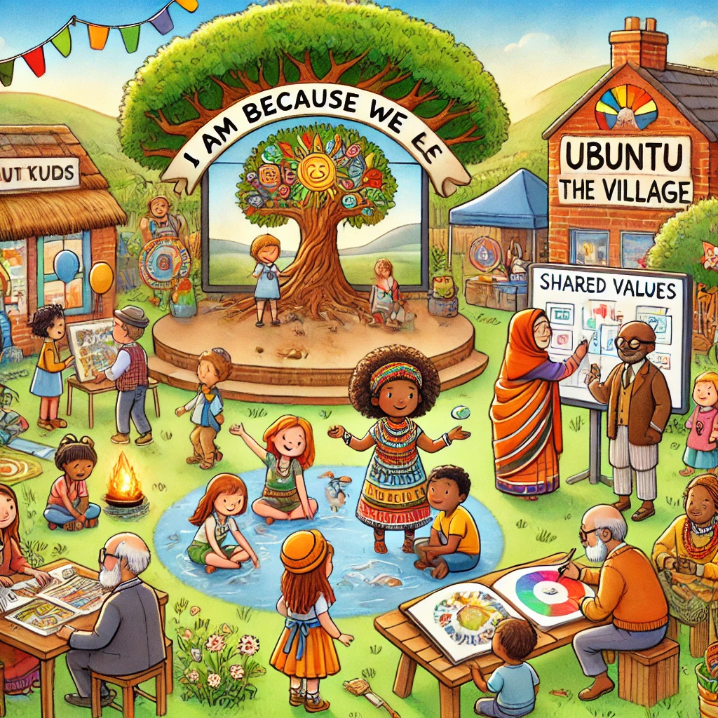 Een hartverwarmende cartoonstijlillustratie getiteld 'Ubuntu: Ik ben omdat wij zijn.' De scène toont een levendig dorp waar mensen van alle leeftijden harmonieus samenwerken. Kinderen voeren een toneelstuk op een openluchtpodium op met de titel 'Ubuntu Kids,' terwijl anderen een kleurrijke muurschildering van een boom maken met het label 'Gedeelde Waarden.' Ouderen vertellen verhalen onder een grote boom met een bordje 'Wijsheid van het Dorp.' Ouders en leraren werken samen aan een digitaal bord om een curriculum te ontwikkelen.