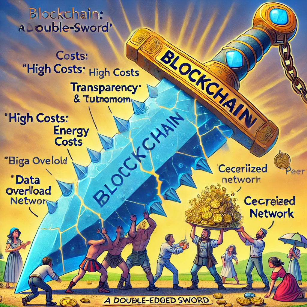Een satirische cartoonstijlillustratie getiteld 'Blockchain: Een Tweesnijdend Zwaard.' Een enorme blockchain-server in de vorm van een zwaard straalt beloften uit zoals 'Transparantie' en 'Autonomie' aan de ene kant, terwijl de andere kant barsten toont met labels zoals 'Energiekosten,' 'Data Overload,' en 'Gecentraliseerde Valuta.' Onder het zwaard worstelen mensen om het zware lemmet met het label 'Hoge Kosten' te dragen, terwijl anderen in de schaduw een boompje planten met het bordje 'Peer-to-Peer Netwerk.' Een ridderfiguur probeert het zwaard in balans te houden, maar faalt op een komische manier.