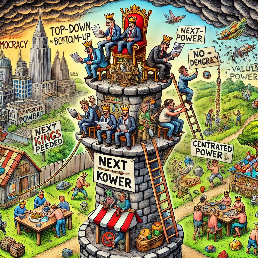 Een satirische cartoonstijlillustratie van 'De Kloof tussen Top-Down en Bottom-Up.' Bovenin zitten bureaucraten in een brokkelende ivoren toren, die onverschillig rapporten lezen met titels zoals 'Next King' en 'Centralized Power.' Onderaan bouwt een bruisende gemeenschap een levendig dorp met teamwork en gedeelde hulpmiddelen. Mensen planten een 'Boom van Democratie' met bladeren waarop 'Waarden' staat, terwijl een bord meldt: 'No Kings Needed.' Een grappige touwladder hangt naar beneden, genegeerd door de bureaucraten.