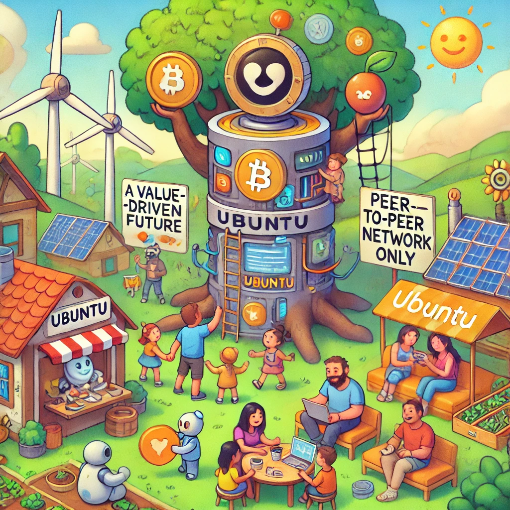 Een kleurrijke cartoonstijlillustratie van een toekomstig dorp, aangedreven door duurzame energiebronnen zoals zonnepanelen en windturbines, met een blockchainserver in de vorm van een schatkist. Mensen wisselen vrolijk Ubuntu-munten, kinderen doen mee aan een 'Ubuntu Kids'-poppenspel, en ouders bespreken open-source onderwijs onder een boom. Een robot houdt een bord vast met de tekst: 'Peer-to-Peer Network Only.'