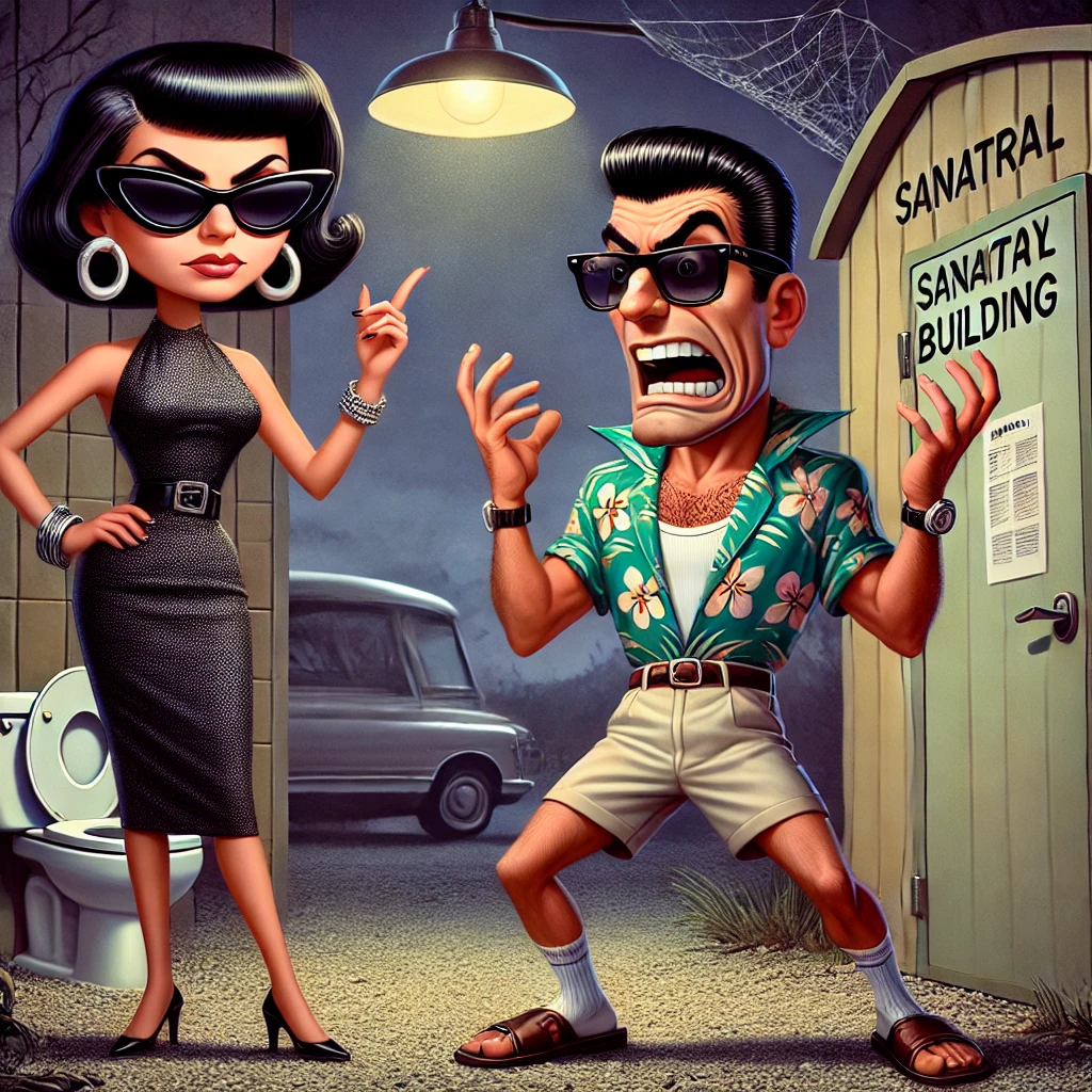 Een cartoonachtige, hilarische illustratie van Giulia die dramatisch Emilio confronteert voor het sanitairgebouw op een camping. Giulia wijst beschuldigend naar Emilio, terwijl ze met haar andere hand haar borst aanraakt.