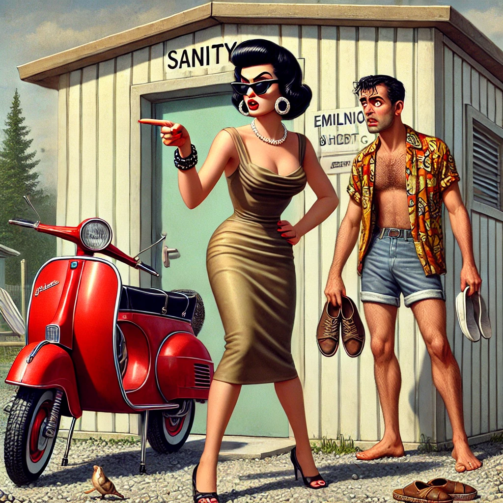 Een cartoonachtige, hilarische illustratie van Giulia naast haar rode Vespa, wijzend naar Sanne en Emilio bij het sanitairgebouw op een camping. Sanne, beschaamd, houdt een slipper vast terwijl Emilio er ongemakkelijk uitziet.