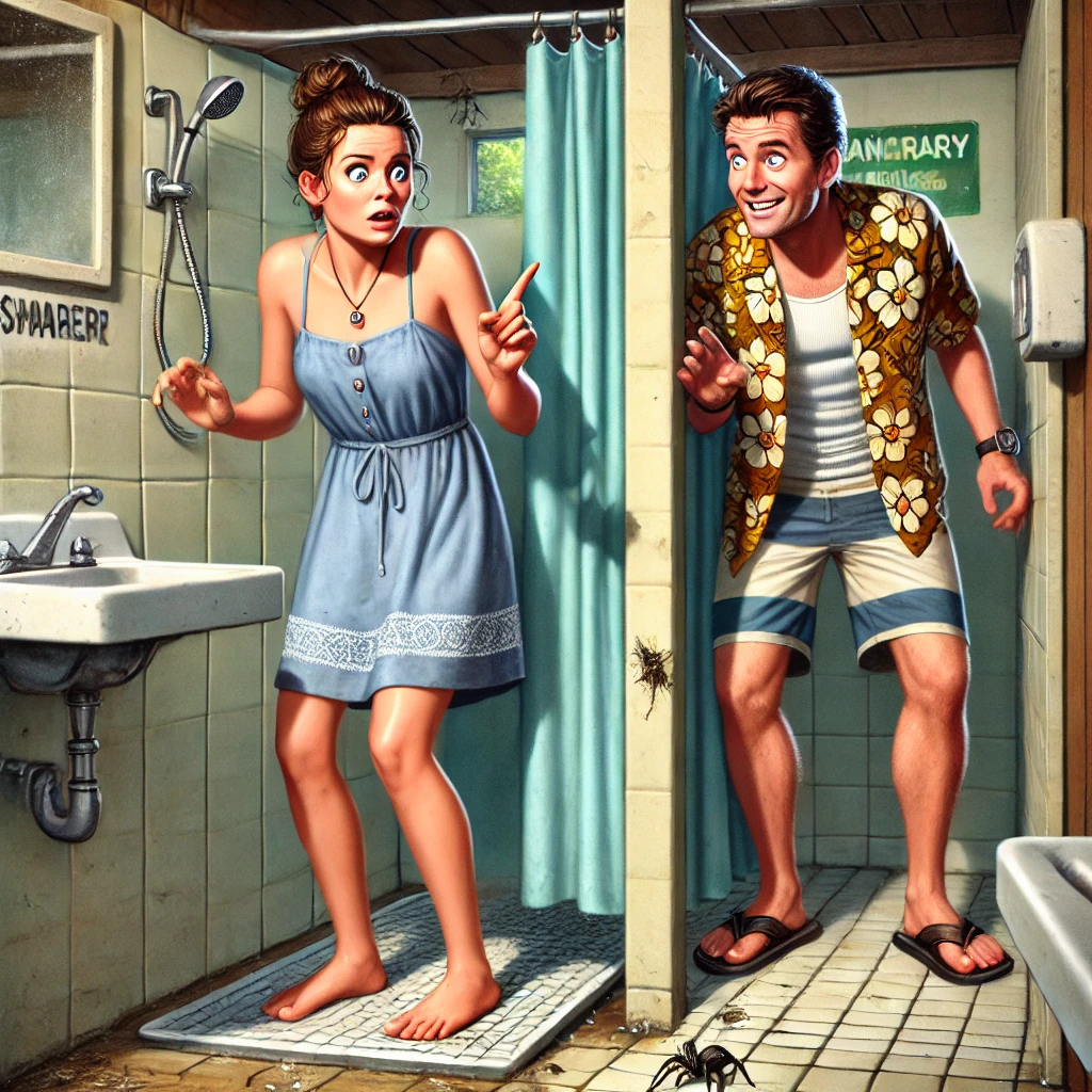 Een cartoonachtige, hilarische illustratie van Sanne die in een douchecabine staat en geschrokken naar spinnen in de hoeken kijkt, terwijl Emilio buiten de douche met een speelse grijns naar binnen kijkt.