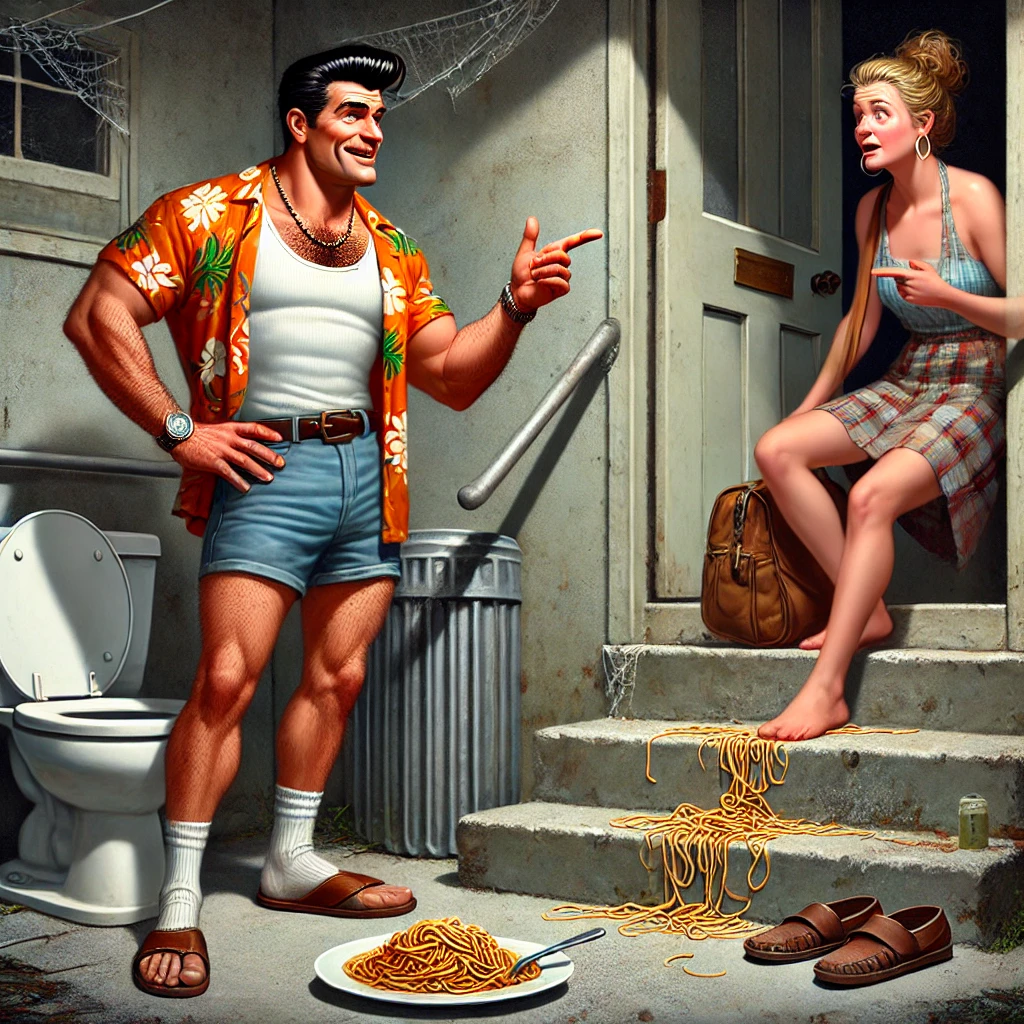 Een cartoonachtige, hilarische illustratie van Emilio die bovenaan een betonnen trap dramatisch leunt tegen een deurpost en charmant naar Sanne kijkt, terwijl zij sceptisch naar hem wijst vanaf de voet van de trap.