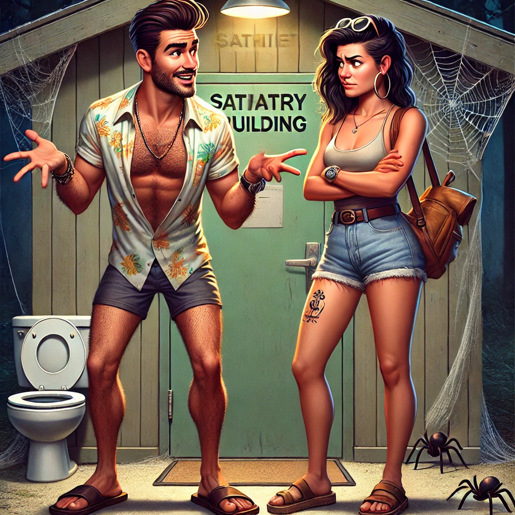 Een cartoonachtige, hilarische illustratie van Emilio die buiten het sanitairgebouw van een camping met serieuze blik en grote handgebaren het gevaar van gigantische spinnen beschrijft, terwijl Sanne sceptisch toekijkt en haar ogen rolt.