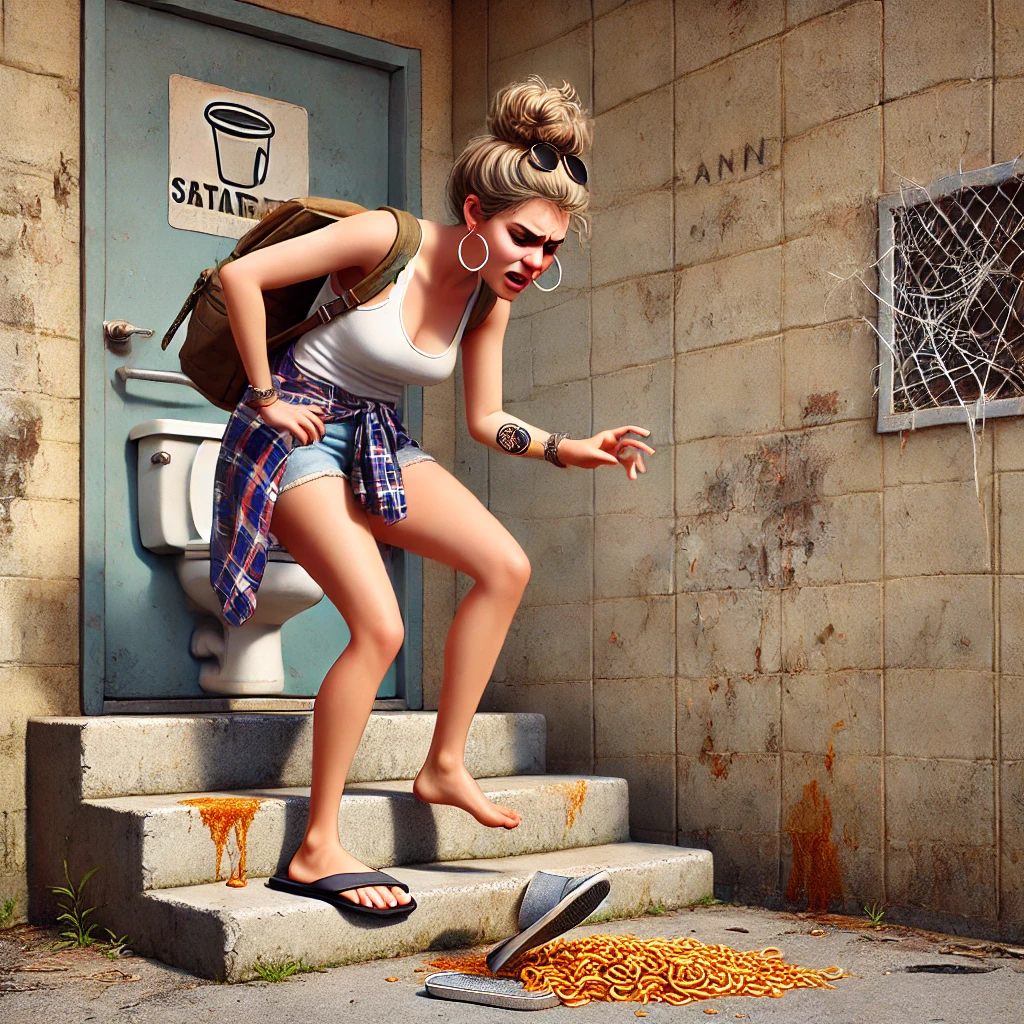 Een cartoonachtige, hilarische illustratie van Sanne die op één voet balanceert bij een betonnen trap op een camping, terwijl ze probeert haar slipper terug te krijgen die in een hoop spaghetti is beland. Haar frustratie is duidelijk zichtbaar.