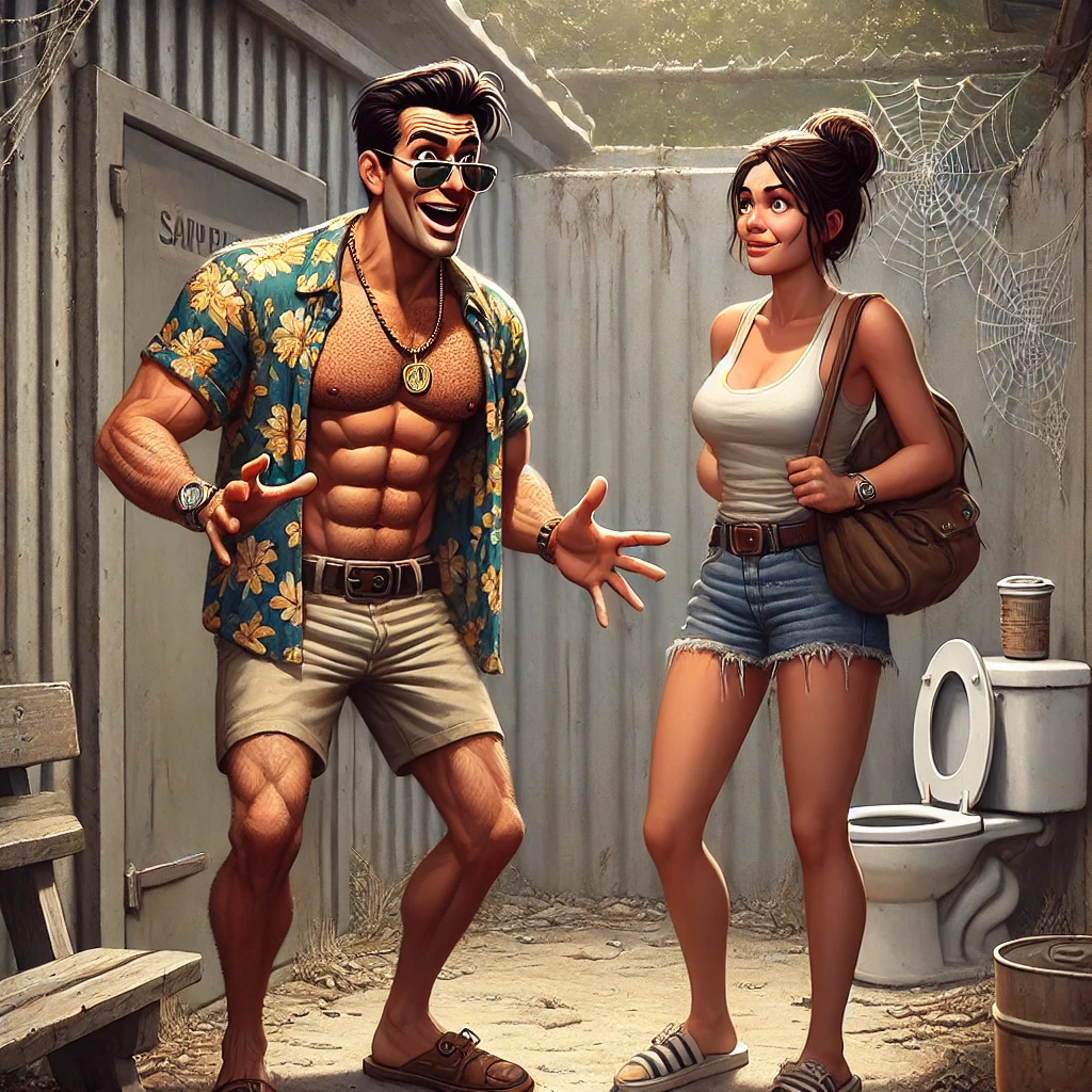 Een cartoonachtige, hilarische illustratie van Emilio die dramatisch gebaart en enthousiast tegen Sanne praat bij een betonnen trap op een camping, terwijl Sanne met gekruiste armen licht geamuseerd naar hem luistert.