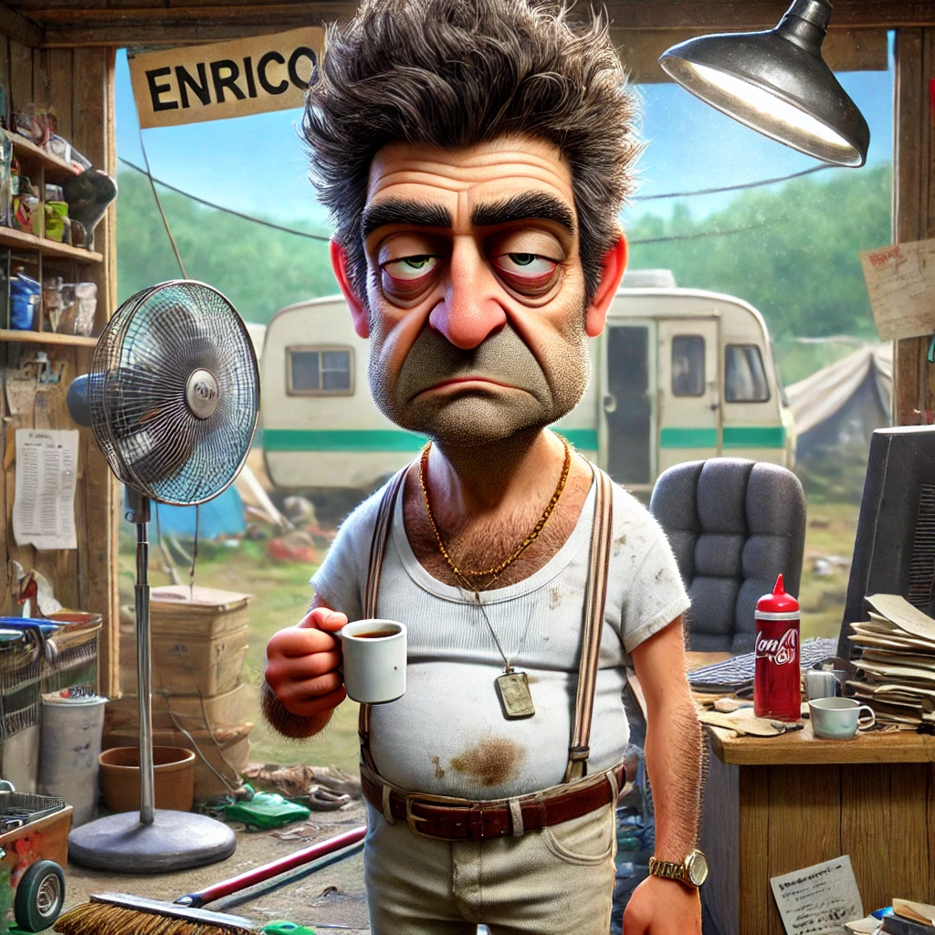 Een hyperrealistische cartoon-afbeelding van Enrico, de nors ogende Italiaanse campingbeheerder. Enrico heeft donkergrijs, licht rommelig haar, een stoppelbaard en vermoeide ogen. Hij draagt een wit hemd met koffievlekken, oude jeans en versleten slippers. In zijn ene hand houdt hij een piepklein espresso-kopje, in de andere een mop. Achter hem is een rommelig campingkantoor te zien, met een kapotte ventilator en stapels ongeorganiseerde papieren. Op de achtergrond is een chaotische camping met mismatchende tenten en verwarde toeristen.