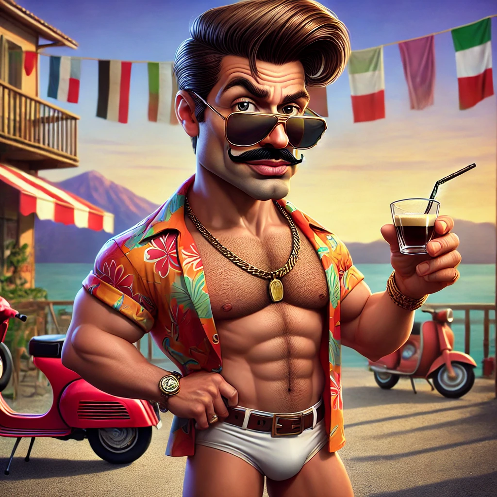 Een hyperrealistische cartoon-afbeelding van Emilio, een wannabe Italiaanse charmeur in zijn midden 30. Emilio poseert zelfverzekerd tegen een rode Vespa, met zijn haar overdreven strak naar achteren gestyled en een open Hawaiiaans shirt dat zijn gebruinde borst onthult. Hij draagt een gouden ketting, strakke surfshorts, en oversized zonnebrillen. In zijn hand houdt hij een mini-espresso terwijl een kleurrijke Italiaanse camping met een chaotische sfeer en dramatische zonsondergang op de achtergrond zichtbaar is