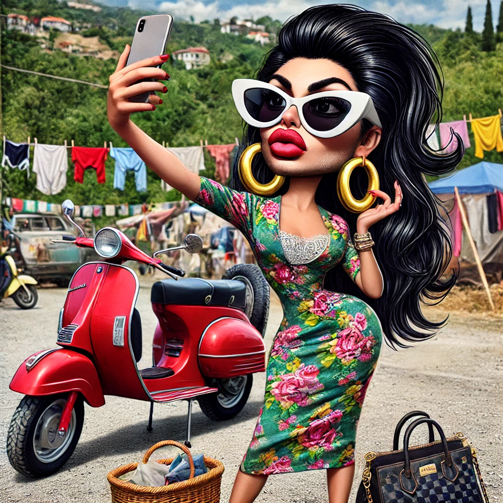 Een hyperrealistische cartoon-afbeelding van Giulia, een flamboyante wannabe Italiaanse influencer. Giulia heeft gitzwart, perfect gestyled haar in losse golven, draagt een vintage bloemenjurk en hoge hakken, en poseert dramatisch naast haar felrode Vespa. Ze maakt een selfie met een overdreven glamoureuze uitdrukking, terwijl haar grote zonnebril en gouden accessoires haar dramatische uitstraling benadrukken. De achtergrond toont een drukke Italiaanse camping met kleurrijke tenten en chaotische details.