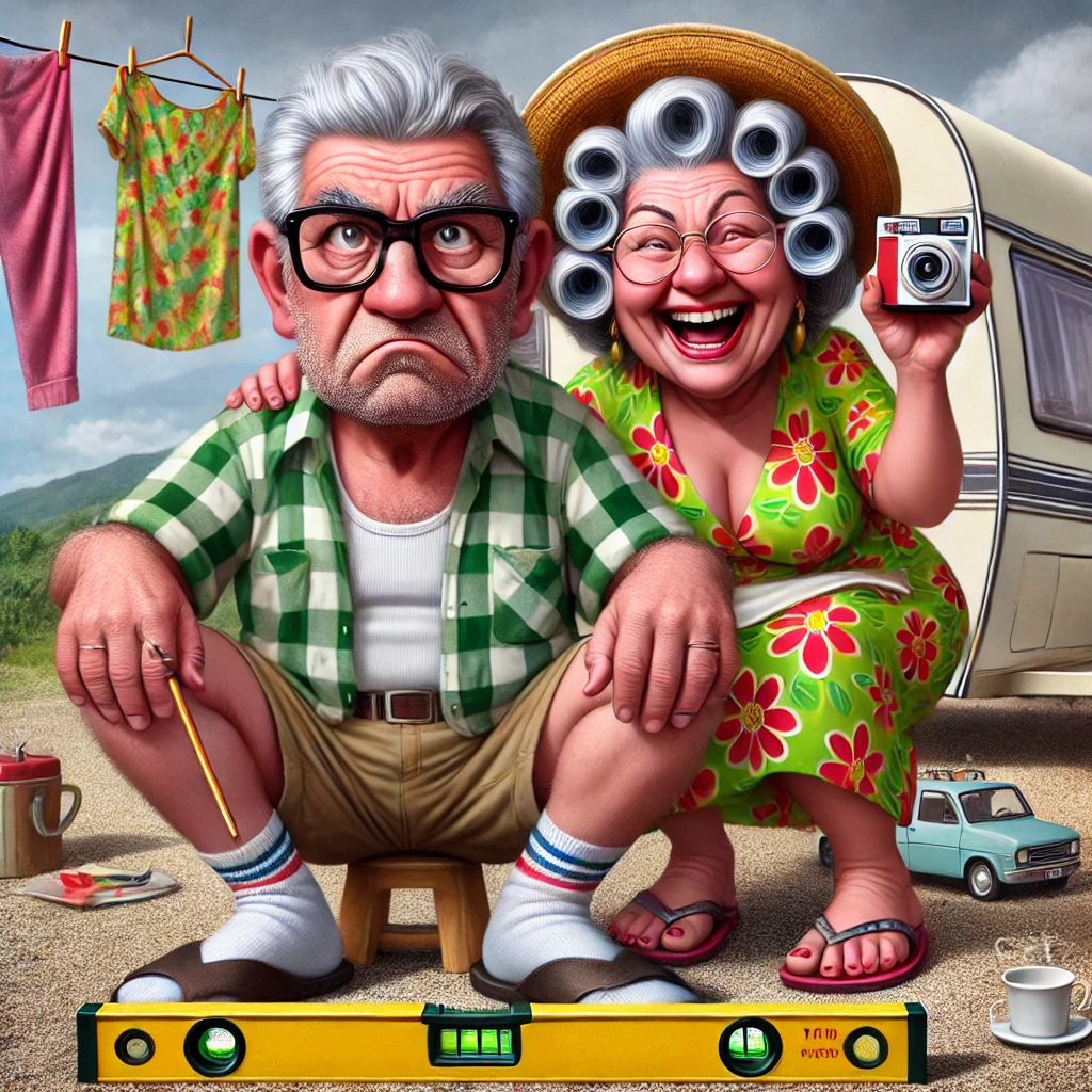 Een hyperrealistische cartoon-afbeelding van Henk en Truus, een ouder Nederlands koppel op een camping in Italië. Henk, met grijs haar en een nors gezicht, draagt een geruit overhemd, khaki shorts, en sandalen met sokken. Hij staat met een waterpas en een clipboard, gefrustreerd kijkend naar de ongelijke grond. Truus, vrolijk en charmant, draagt een kleurrijke bloemenjurk en een grote zonnenhoed terwijl ze enthousiast foto's maakt met een oude Polaroidcamera. Hun nette Kip-caravan met een waslijn contrasteert met de chaotische campingomgeving.