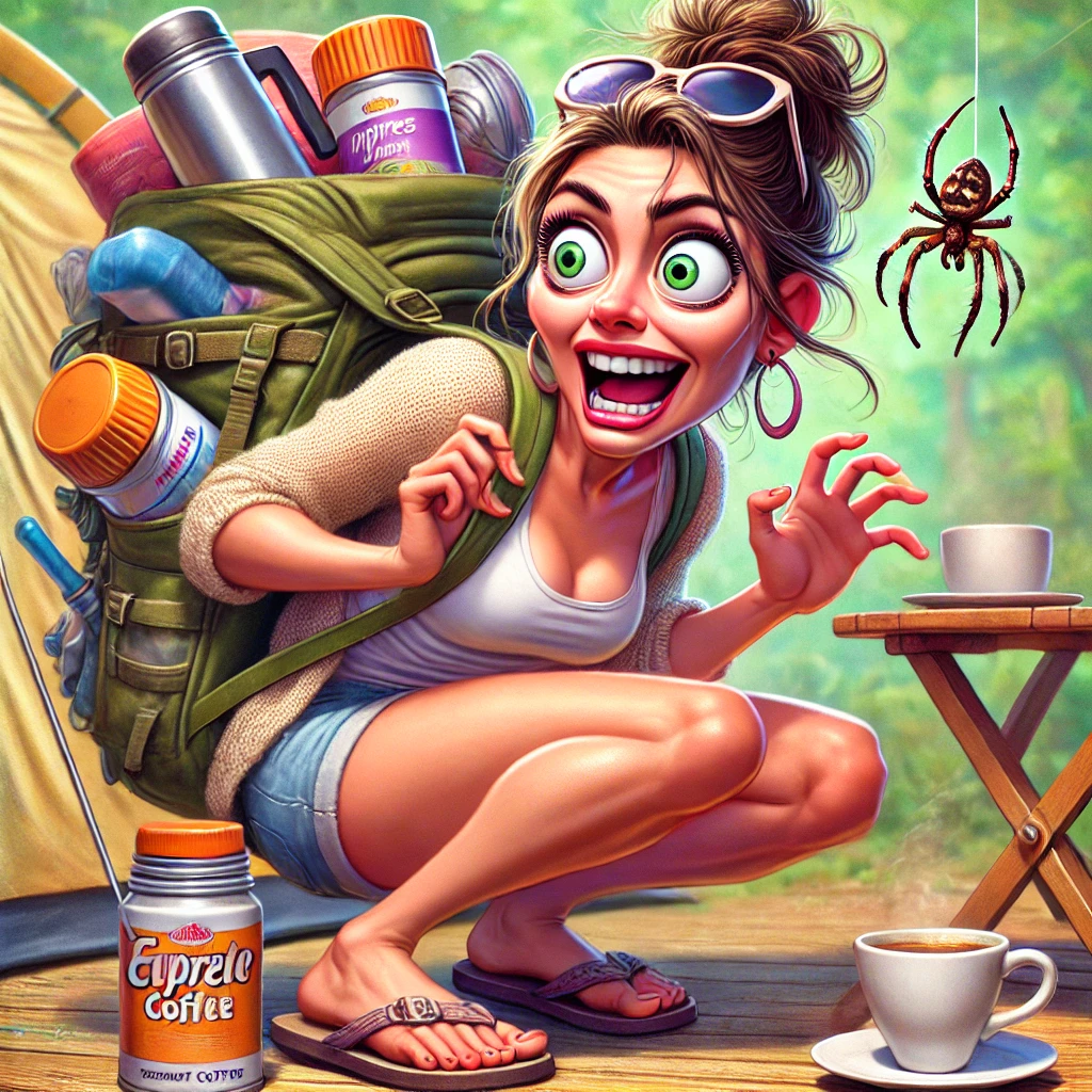 Een hyperrealistische cartoon-afbeelding van Sanne, een Nederlandse vrouw van in de dertig, die angstig terugdeinst voor een spin die aan een web hangt. Ze draagt een los zomers jurkje en sandalen, terwijl haar oversized rugzak overvol is met koffiekannen en andere items die eruit steken. Op de achtergrond is een rommelige camping te zien met een tent en een kleine espressomachine op een tafeltje.