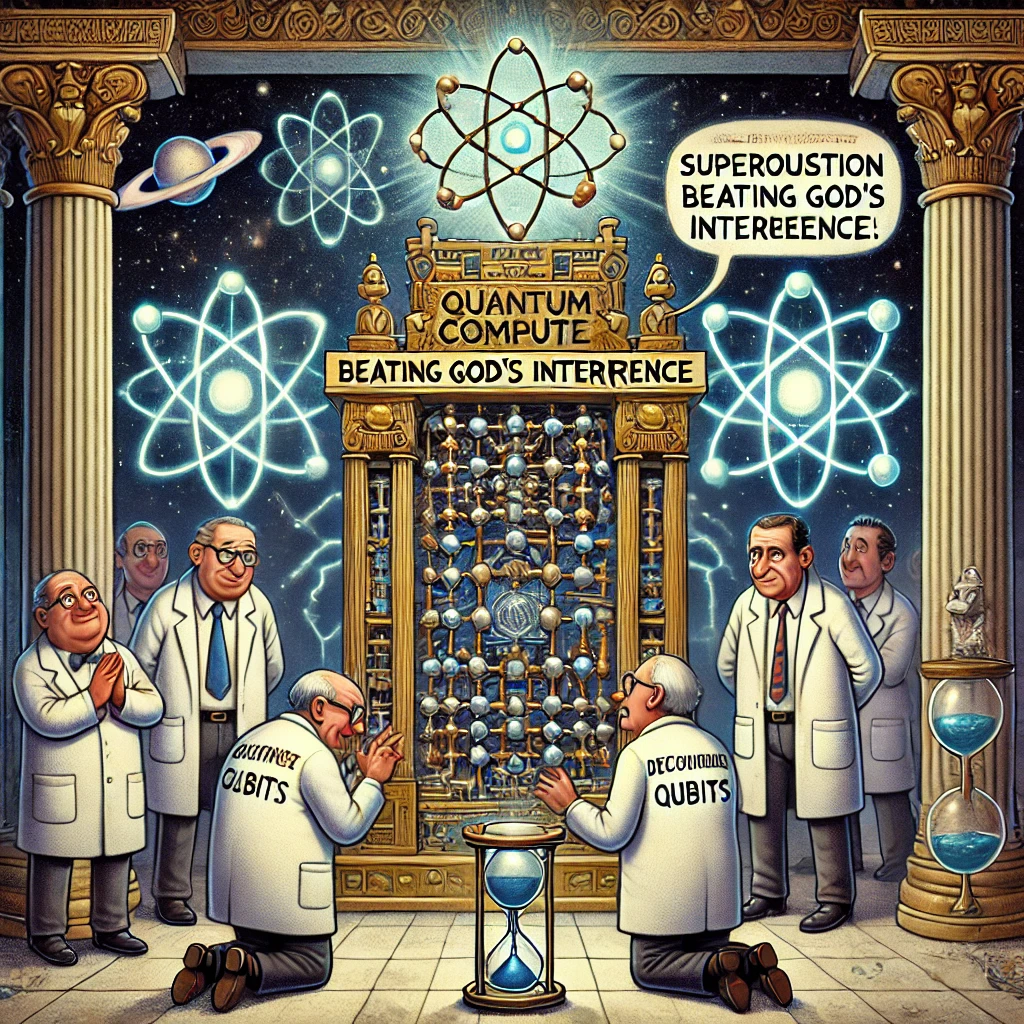 Een humoristische cartoon van een quantumcomputer die lijkt op een goddelijk altaar. Wetenschappers in labjassen buigen eerbiedig met plannen getiteld 'Beating God’s Interference,' terwijl zwevende qubits en een speelse figuur genaamd 'Interference' de scène domineren.
