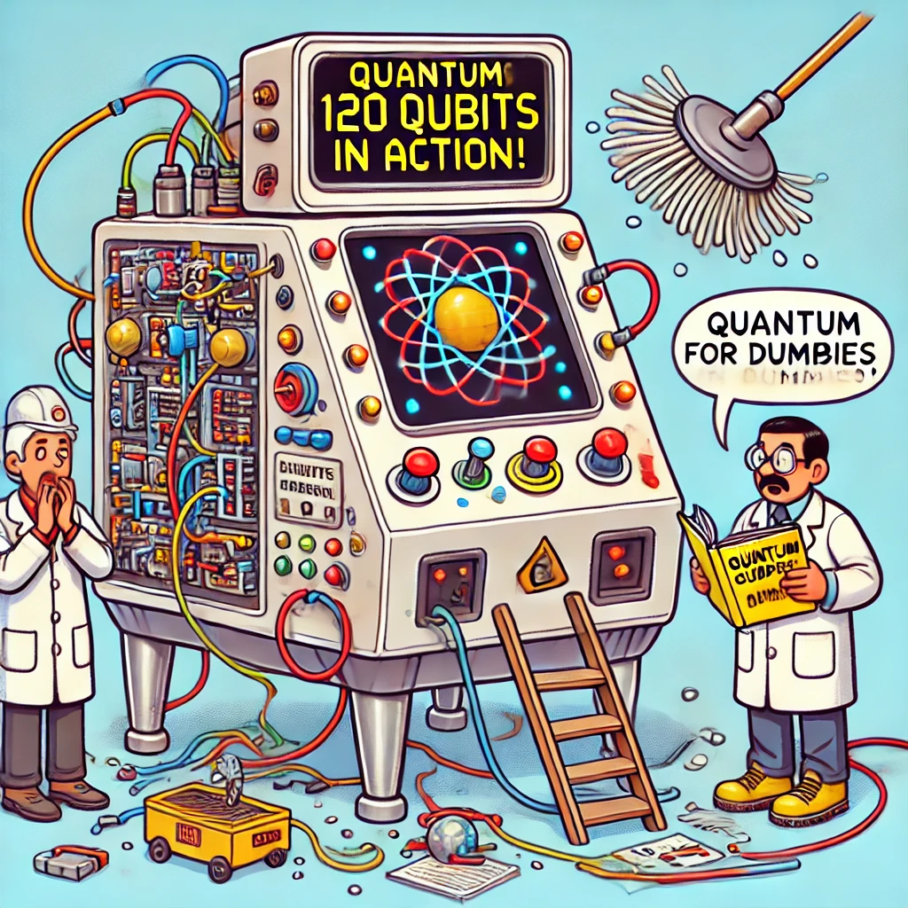 Een cartoonachtige illustratie van een quantumcomputer in de vorm van een arcade machine. Wetenschappers in labjassen lezen een handleiding 'Quantum for Dummies,' terwijl een schoonmaker per ongeluk de machine repareert met een mop.