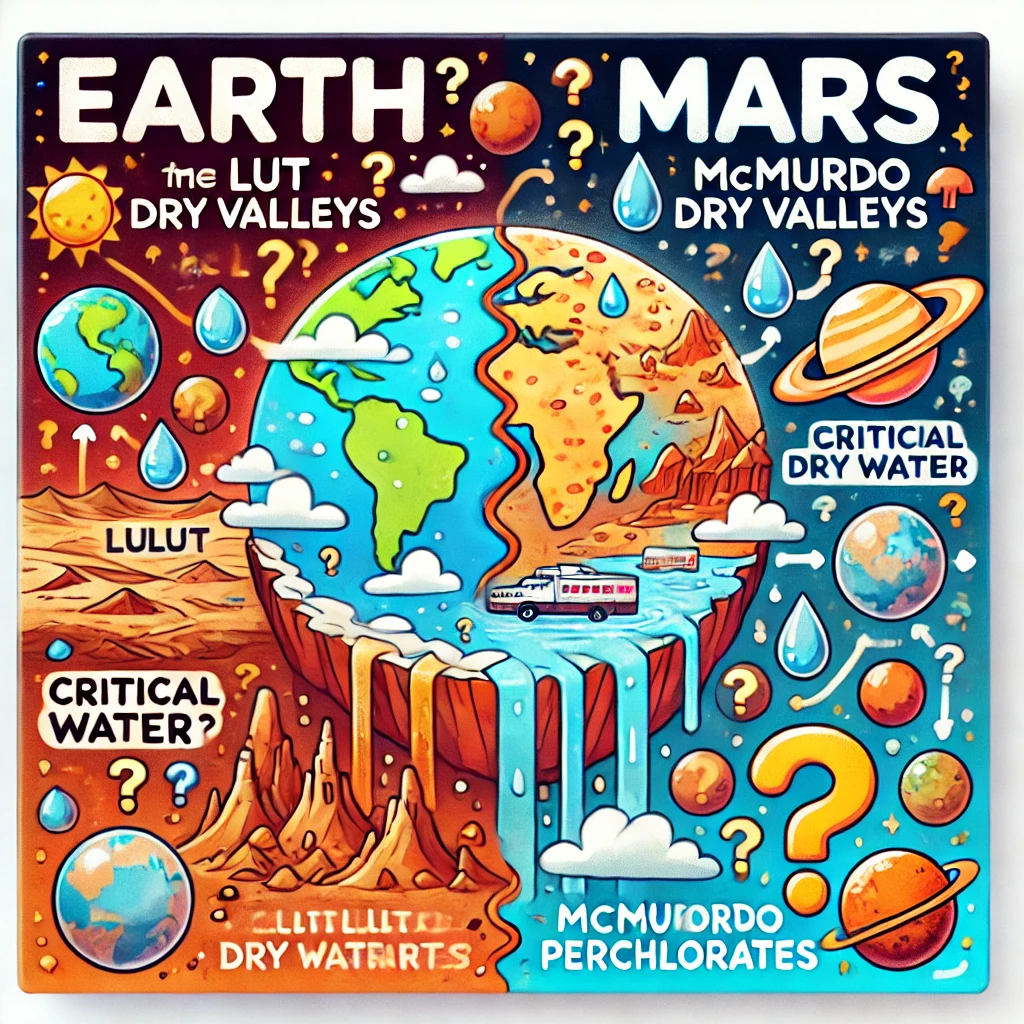 Cartoonstijl split-screen illustratie van de aarde en Mars, met de Lut-woestijn en McMurdo Dry Valleys aan de ene kant en soortgelijke geologische formaties op Mars, verbonden door vraagtekens en pijlen.