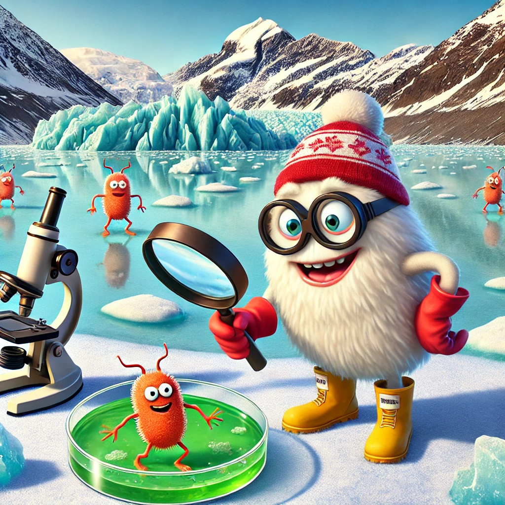 Cartoonstijl illustratie van een bevroren meer in de McMurdo Dry Valleys, omgeven door ijs en sneeuw, met microben in sneeuwuitrusting die een schaal met perchloraat onderzoeken onder een vergrootglas.