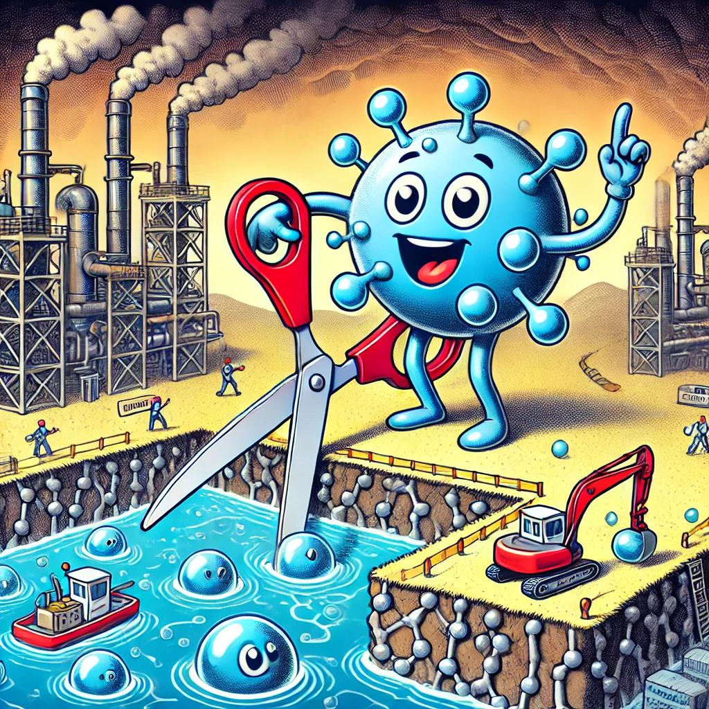 Cartoonstijl illustratie van een ondergrondse scène met antropomorfe watermoleculen die lange koolstofketens doorknippen, waardoor gasbellen opstijgen, en raffinaderijachtige machines die het proces nabootsen.