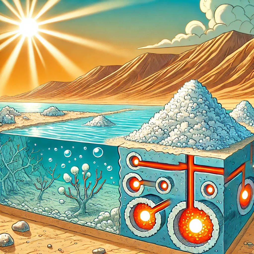 Cartoonstijl illustratie van de Lut-woestijn onder extreme hitte met glinsterende zoutafzettingen en een doorsnede van ondergronds brak water gevuld met opgeloste mineralen en zouten.