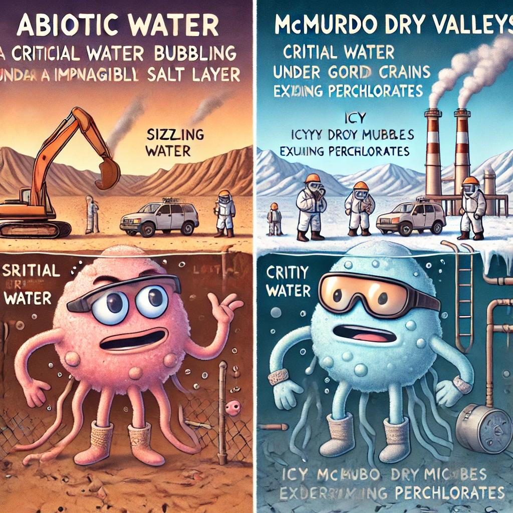 Cartoonstijl illustratie van abiotisch water, met scènes uit de Lut-woestijn en McMurdo Dry Valleys, kritische waterbubbels, microben in sneeuwuitrusting en ondergrondse koolwaterstofprocessen.