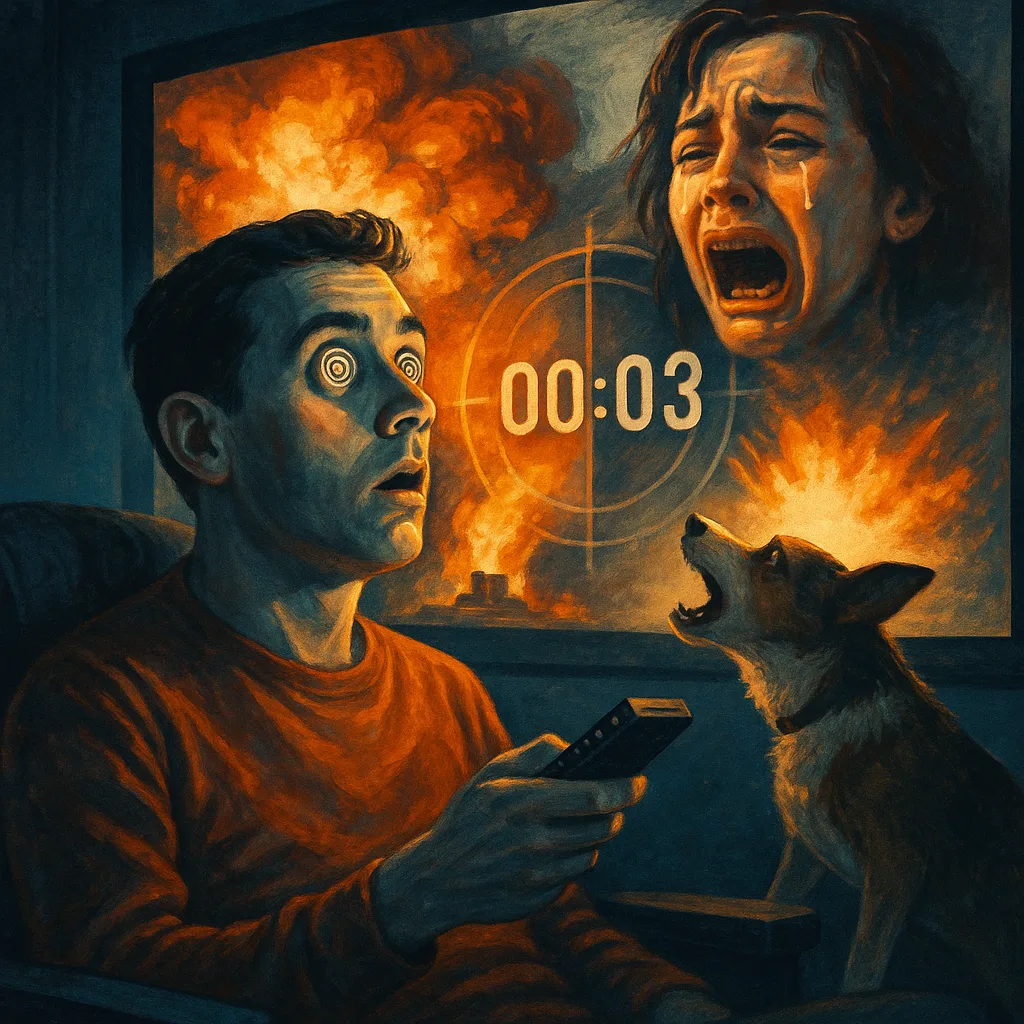 Hypnotiseerde man kijkt naar film vol drama, hond blaft naar scherm