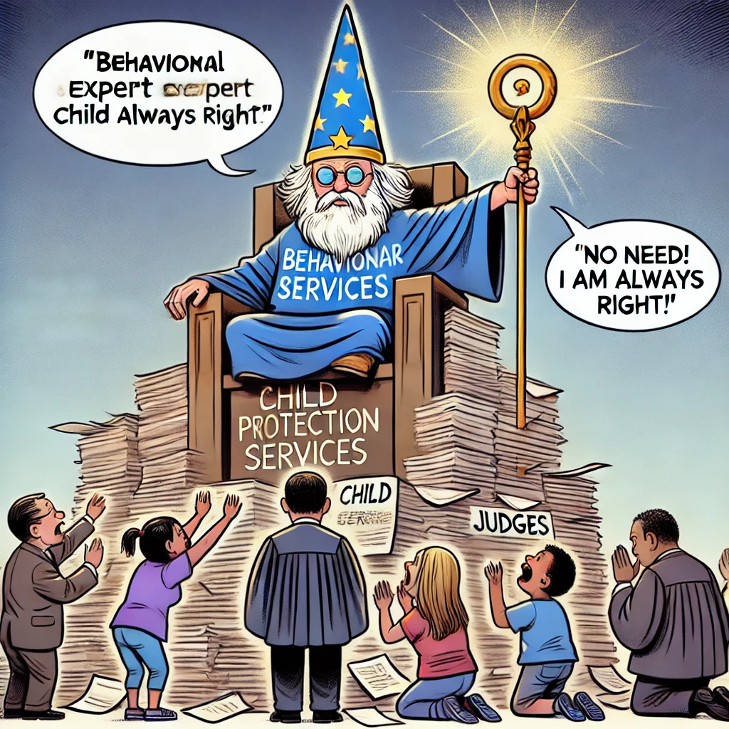 Een gedragsdeskundige, gekleed als een alwetende tovenaar, staat op een troon van papieren rapporten, zwaaiend met een magische staf terwijl een wanhopige ouder vraagt: "Mag ik feedback geven?" De tovenaar mompelt "Nee, want ik heb altijd gelijk!" terwijl rechters blindelings knikken.