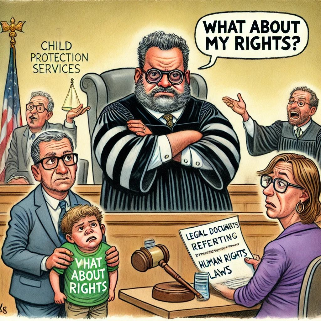 Een satirische rechtbankscene waarin een gedragsdeskundige in de jeugdzorg, verkleed als rechter, weigert feedback te accepteren. Ouders en een kind protesteren met een bord: “What about my rights?”, terwijl een advocaat juridische documenten toont. De echte rechter blijft onverschillig.