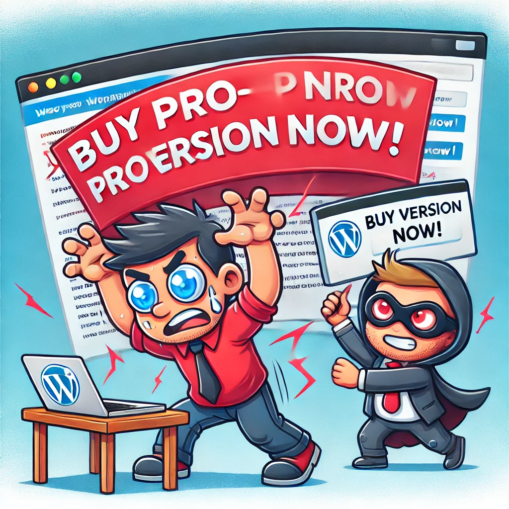 Een radeloze WordPress-gebruiker die wordt belaagd door een gigantisch “Koop de Pro-versie NU!”-banner, terwijl een kleine programmeerheld met een laptop het probeert te hacken.