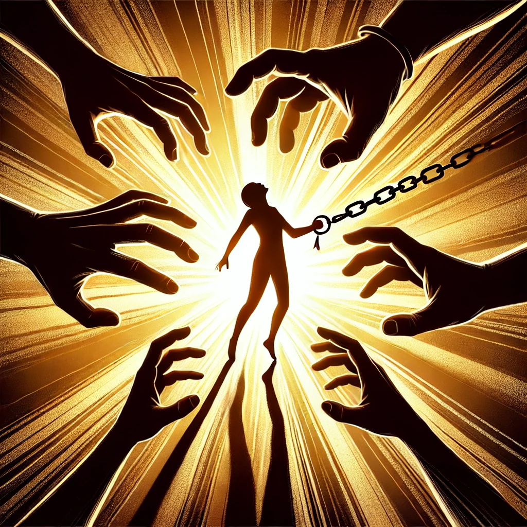 Een cartoonafbeelding van een persoon die als marionet aan touwtjes hangt, bestuurd door een partner met een onschuldig lachend gezicht.