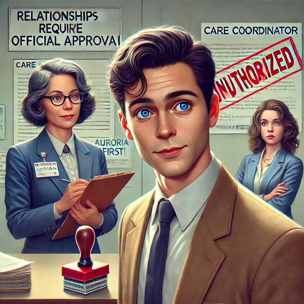 Een hyperrealistische cartoonstijl afbeelding van Lucian, een man met kort donker haar en een onderzoekende blik, die een stapel juridische documenten vasthoudt terwijl hij met een zorgcoördinator spreekt. De zorgcoördinator, een vrouw met kort grijs haar en een bril, draagt een formeel pak en houdt een grote rode stempel vast met de tekst 'ONGEAUTORISEERD'. Op de achtergrond kijkt Aurora nerveus toe. De kantoormuren zijn versierd met bureaucratische slogans zoals 'Relaties Vereisen Officiële Goedkeuring' en 'Veiligheid Eerst!'. De sfeer is kil en overdreven formeel, wat de spanning tussen persoonlijke emoties en rigide protocollen benadrukt.