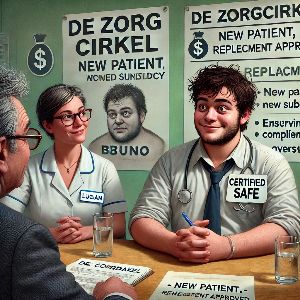 Een hyperrealistische cartoonstijl afbeelding van een formele vergadering binnen De Zorgcirkel. Lucian zit met een bezorgde uitdrukking aan tafel tegenover de zorgcoördinator, een vrouw met kort grijs haar en een bril, die zelfverzekerd glimlacht terwijl ze Bruno introduceert. Bruno, een iets gezette man met warrig blond haar en een naïeve grijns, draagt een bordje om zijn nek met de tekst 'Gecertificeerd Veilig'. De zorgcoördinator houdt een document vast met de tekst 'Vervanging Goedgekeurd'. Op de achtergrond hangen posters met slogans zoals 'Nieuwe Patiënt, Nieuwe Subsidie' met een geldzak-icoon en 'Toezicht Zorgt voor Naleving'. De setting is professioneel maar absurd, wat de ironie benadrukt van hoe bureaucratie echte zorg vervangt door controle.