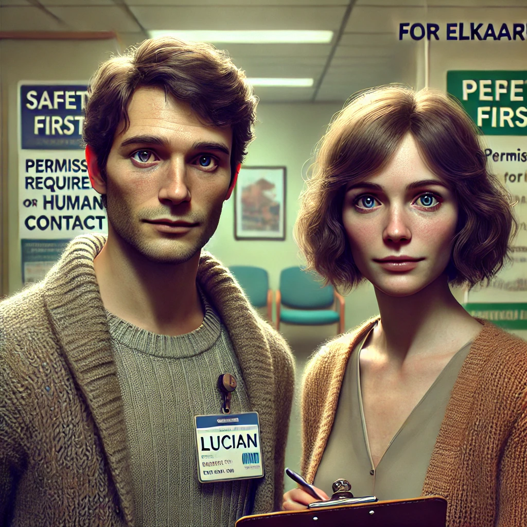 Een hyperrealistische cartoonstijl afbeelding van Lucian en Aurora die elkaar ontmoeten in een zorginstelling. Lucian, een vrijwilliger met een naamplaatje van "Voor Elkaar", heeft een onderzoekende blik en houdt een clipboard vast. Aurora, een vrouw met zachte trekken en blauwe ogen, kijkt hem voorzichtig aan. Administratieve posters op de achtergrond benadrukken strikte protocollen, zoals "Veiligheid Eerst!" en "Toestemming Vereist voor Menselijk Contact".