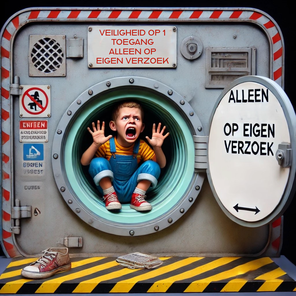 Cartoon van een kind dat hulp probeert te roepen vanuit een afgesloten ruimte met een bordje "Alleen toegankelijk op eigen verzoek"